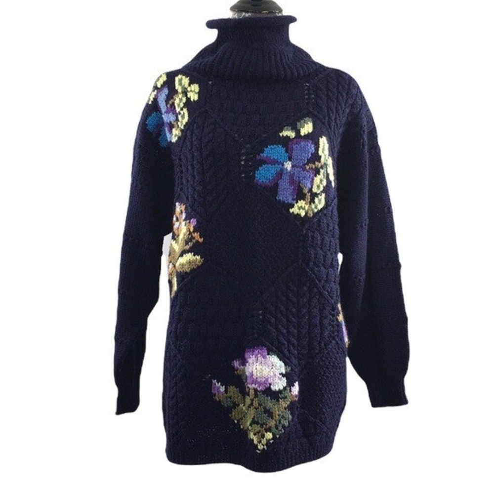 Kitty Hawk Vivian Wang Blue Digital Floral‎ Cable Knit Sweater Womens Medium VTG